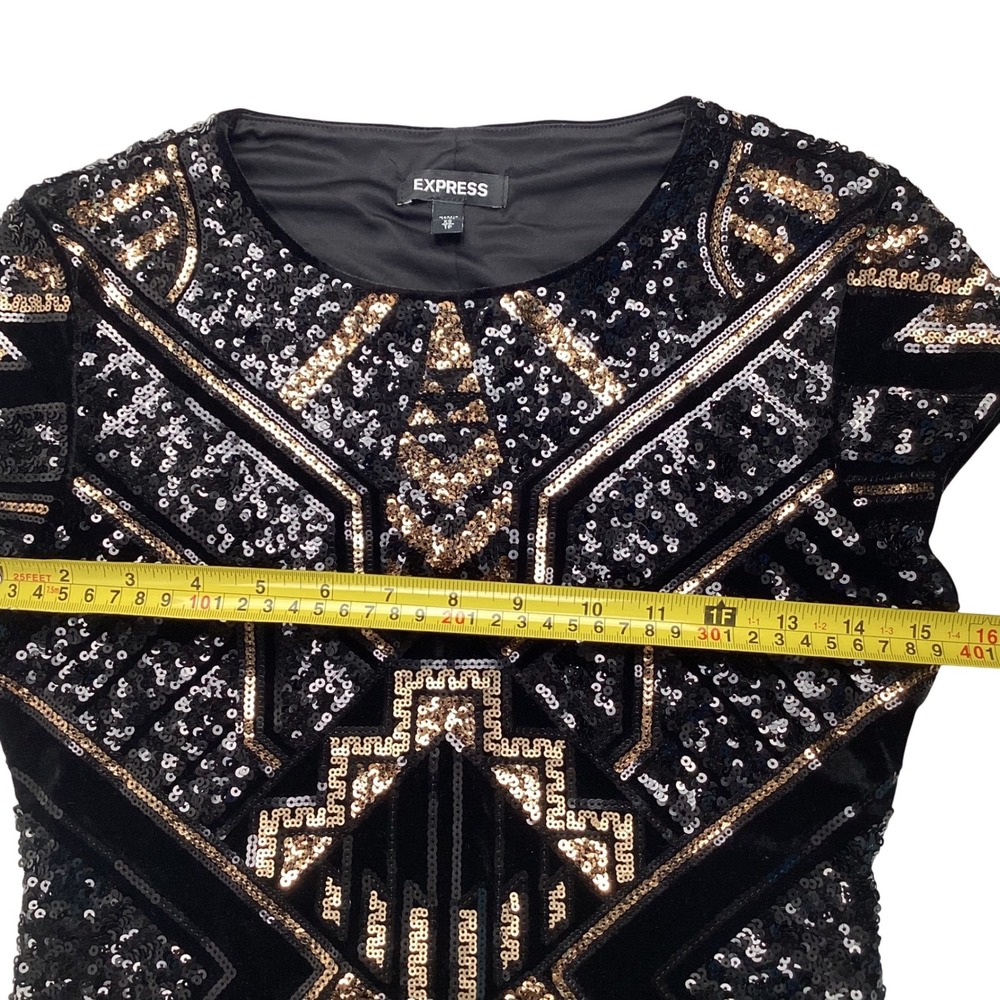 Express Womens Black Velvet Sequin Art Deco Mini‎ Dress Gold Silver XS XS/TP - Picture 3 of 9